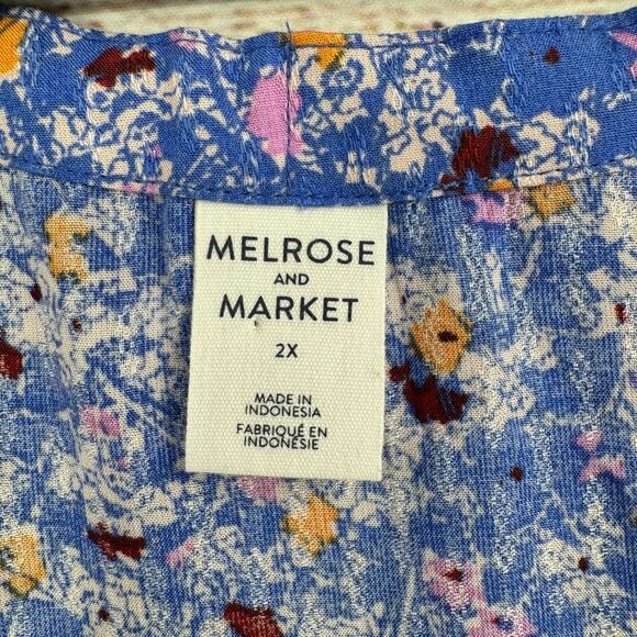 Melrose and Market Floral V-Neck Tie Front Blouse Women's 2X Blue NEW - Picture 7 of 10